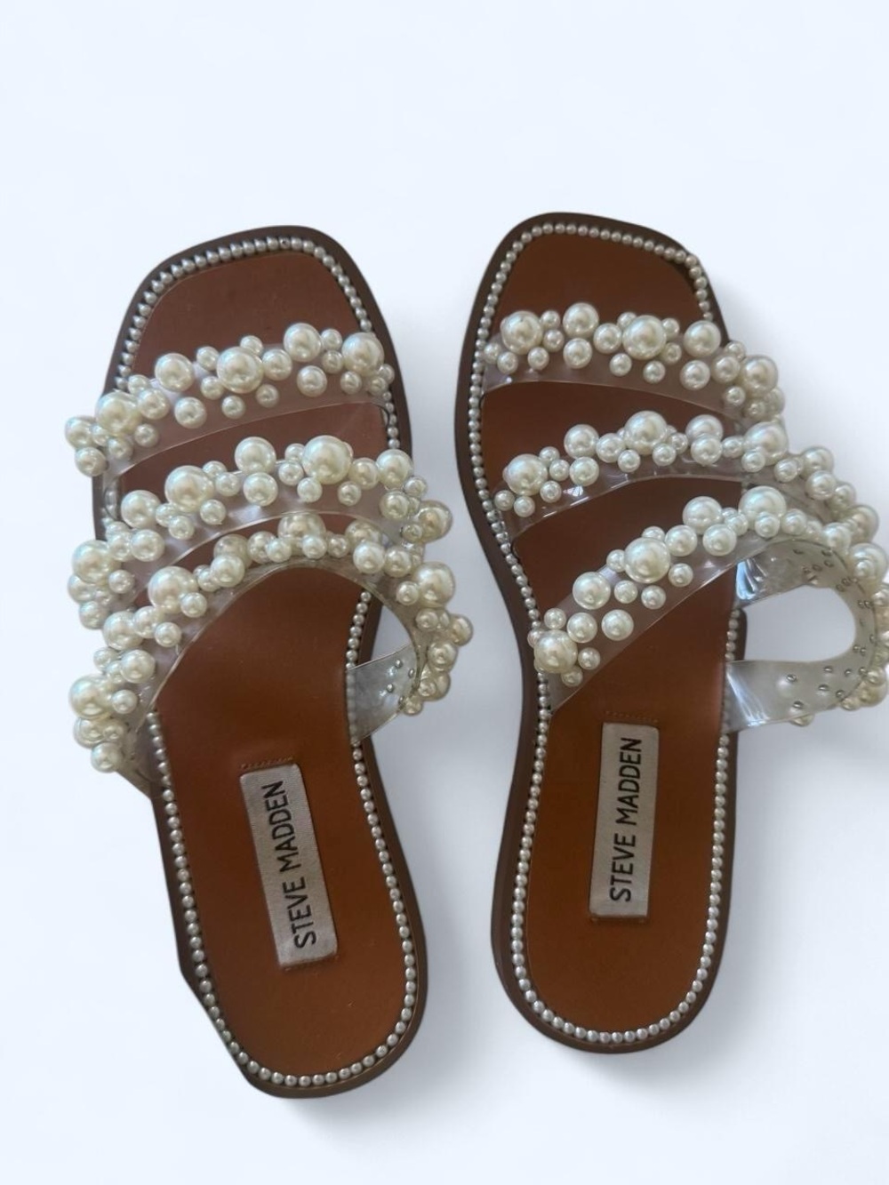 Steve Madden Brown Slide Sandals with Pearl-Strap Detail